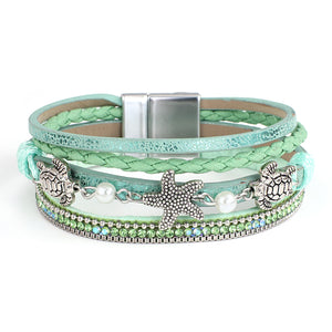 Boho Green Leather Bracelet Evil Eye Starfish Crystal Beads Wrap Bracelet
