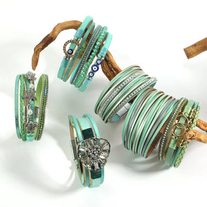 Boho Green Leather Bracelet Evil Eye Starfish Crystal Beads Wrap Bracelet