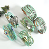 Boho Green Leather Bracelet Evil Eye Starfish Crystal Beads Wrap Bracelet