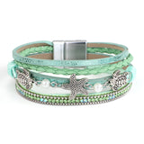 Boho Green Leather Bracelet Evil Eye Starfish Crystal Beads Wrap Bracelet