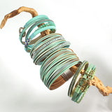 Boho Green Leather Bracelet Evil Eye Starfish Crystal Beads Wrap Bracelet
