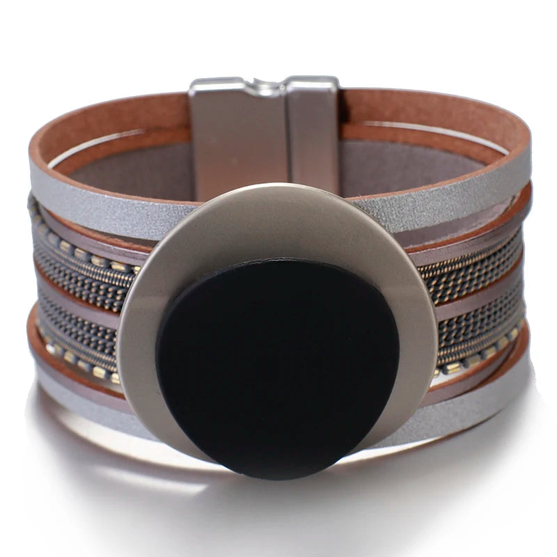 Boho Leather Bracelet Women Circle Metal Charm Wide Bracelet