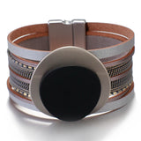 Boho Leather Bracelet Women Circle Metal Charm Wide Bracelet