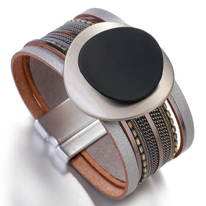 Boho Leather Bracelet Women Circle Metal Charm Wide Bracelet