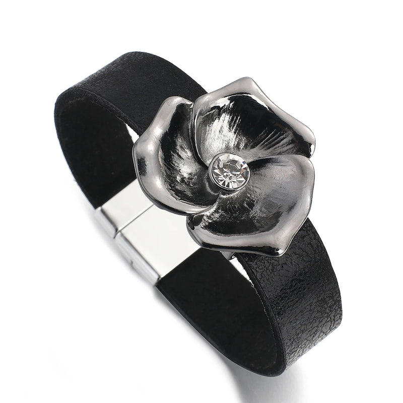 Crystal Charm Leather Bracelet for Women with Magnetic Clasp