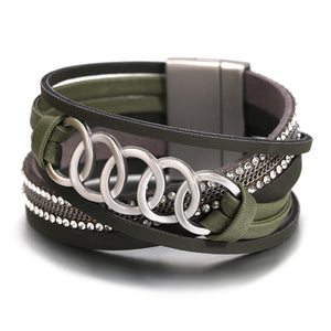 Hollow Circle Leather Bracelet Crystal Chain Cross Wrap
