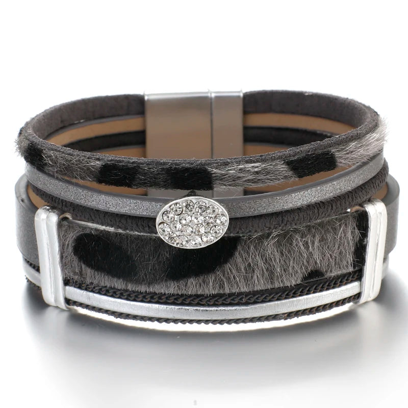 Leopard Leather Bracelets for Women Crystal Bohemian Wide Wrap