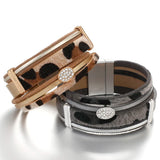 Leopard Leather Bracelets for Women Crystal Bohemian Wide Wrap