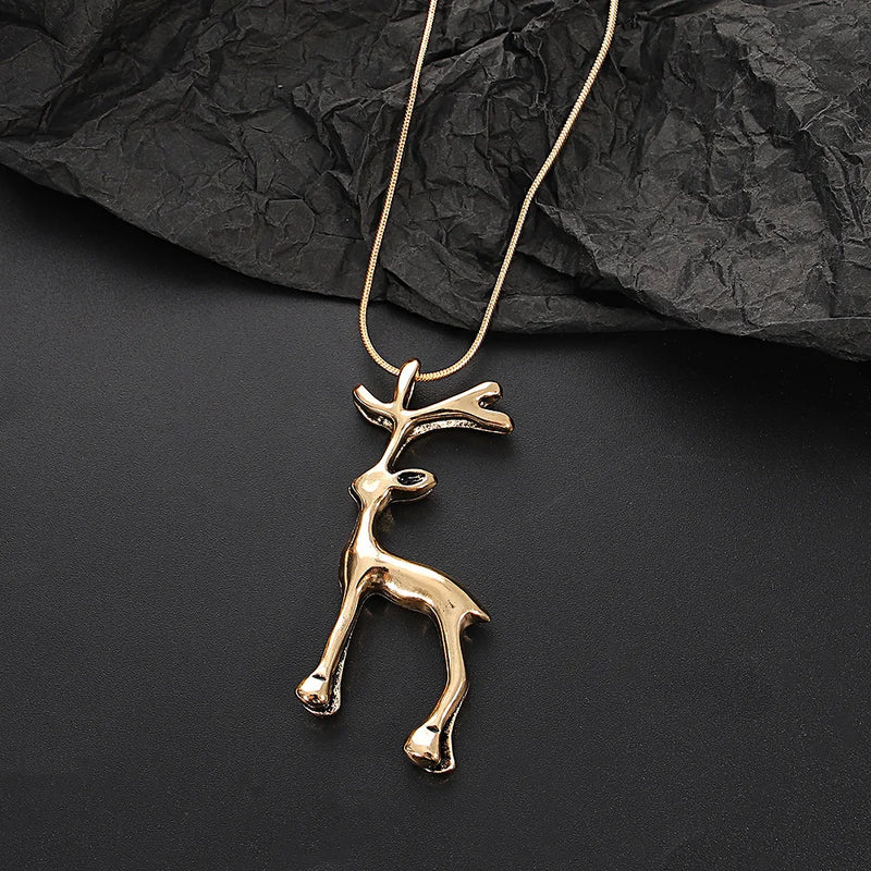 Elk Deer Pendant Necklace for Women Silver Long Chain Clavicle Necklace