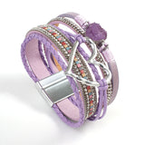 Purple Leather Bracelets Bohemian Charm Resin Crystal Beads Heart Cuff Bangle