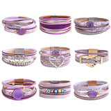 Purple Leather Bracelets Bohemian Charm Resin Crystal Beads Heart Cuff Bangle