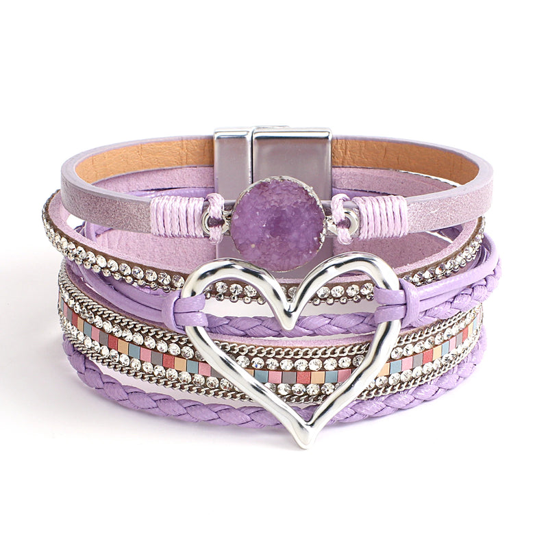 Purple Leather Bracelets Bohemian Charm Resin Crystal Beads Heart Cuff Bangle