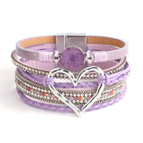 Purple Leather Bracelets Bohemian Charm Resin Crystal Beads Heart Cuff Bangle