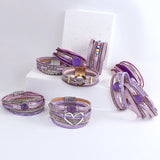 Purple Leather Bracelets Bohemian Charm Resin Crystal Beads Heart Cuff Bangle