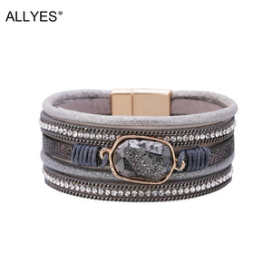 Crystal Charm Leather Bracelet Women's Rhinestone Bangle Wrap Statement Jewelry