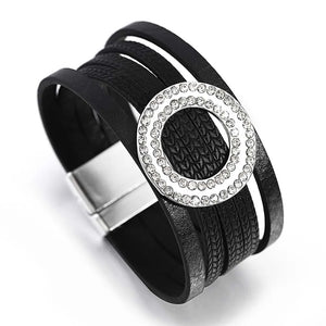 Geometric Leather Bracelet Hollow Metal Circle Rhinestone Wrap