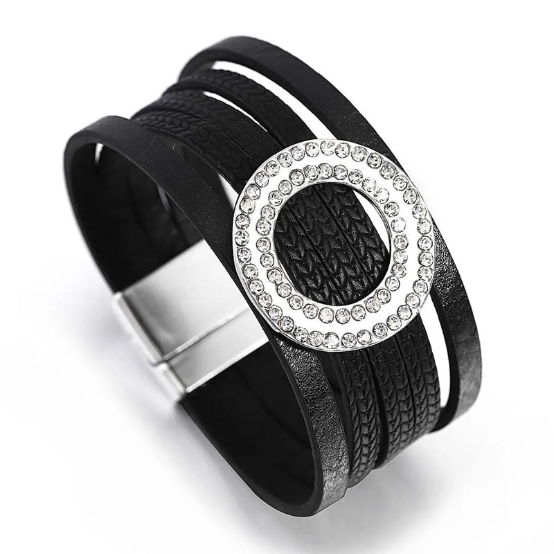 Geometric Leather Bracelet Hollow Metal Circle Rhinestone Wrap