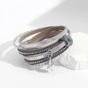 Silver Leather Bracelet Charm Cross Multilayer Crystal Metal Chain Wrap