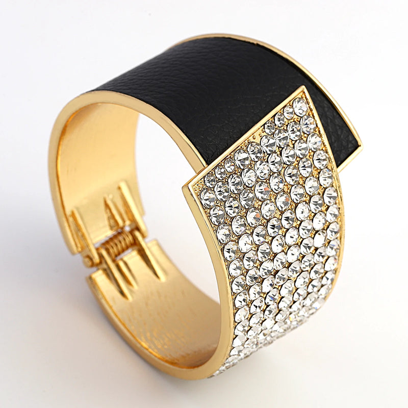 Rhinestone Leather Splicing Bangle for Women Punk Bracelet
