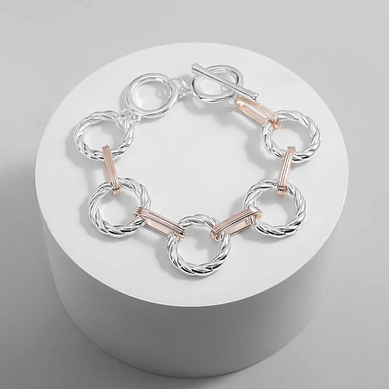 Silver Twisted Round Bracelet Women Punk Two Tone Chain Bracelets