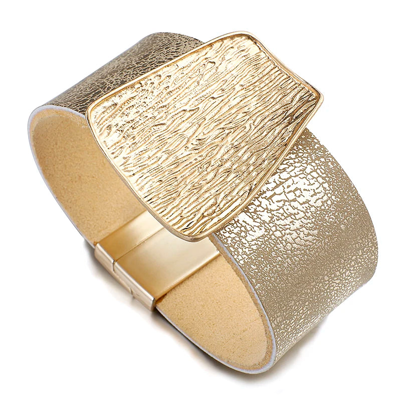 Geometric Metal Leather Bracelet Wide Wrap Bangles Female Jewelry