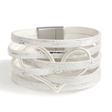 Metal Heart Leather Bracelet Women Charm Multilayer Wide Wrap Bangle