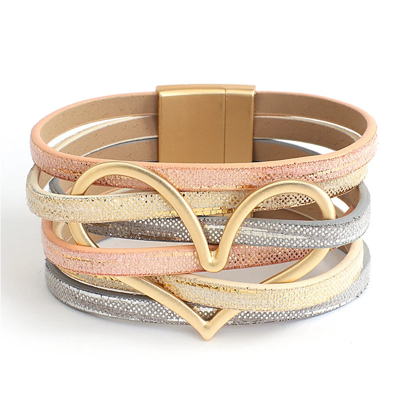 Metal Heart Leather Bracelet Women Charm Multilayer Wide Wrap Bangle
