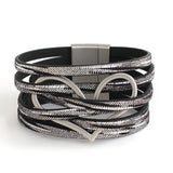 Metal Heart Leather Bracelet Women Charm Multilayer Wide Wrap Bangle