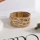 Metal Heart Leather Bracelet Women Charm Multilayer Wide Wrap Bangle
