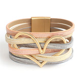 Metal Heart Leather Bracelet Women Charm Multilayer Wide Wrap Bangle