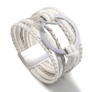 Multilayer Wrap Wide Leather Bracelet for Women, Silver Circle Charm Jewelry