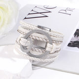 Multilayer Wrap Wide Leather Bracelet for Women, Silver Circle Charm Jewelry