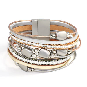 Metal Charm Beads Leather Bracelet for Women Multilayer Wrap Bangle