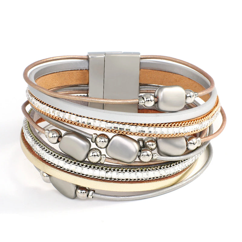 Metal Charm Beads Leather Bracelet for Women Multilayer Wrap Bangle