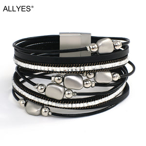 Metal Charm Beads Leather Bracelet for Women Multilayer Wrap Bangle
