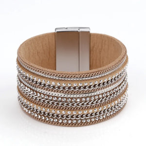 Metal Chain Leather Bracelet for Women Bohemian Wrap Wide Bangle Jewelry