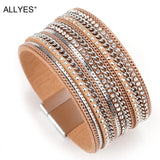 Metal Chain Leather Bracelet for Women Bohemian Wrap Wide Bangle Jewelry