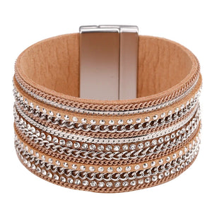 Metal Chain Leather Bracelet for Women Bohemian Wrap Wide Bangle Jewelry