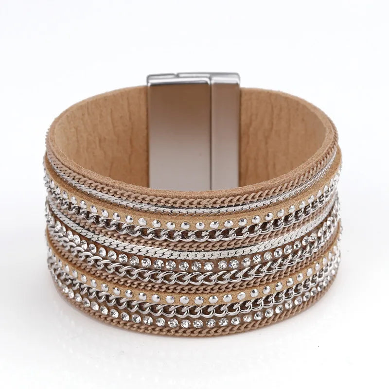Metal Chain Leather Bracelet for Women Bohemian Wrap Wide Bangle Jewelry