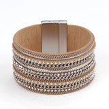 Metal Chain Leather Bracelet for Women Bohemian Wrap Wide Bangle Jewelry