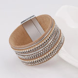 Metal Chain Leather Bracelet for Women Bohemian Wrap Wide Bangle Jewelry