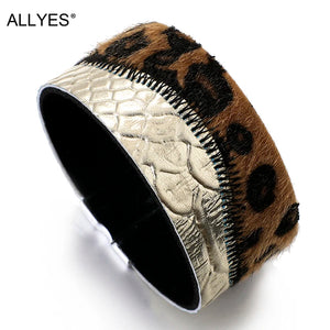 Leopard Print Fur Leather Bracelet Gothic Punk Wide Wrap Bangle