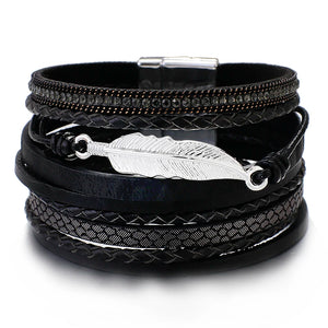 Feather Charm Leather Bracelet Multilayer Bohemian Wide Bracelet Women