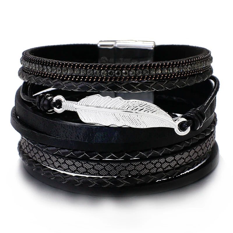 Feather Charm Leather Bracelet Multilayer Bohemian Wide Bracelet Women