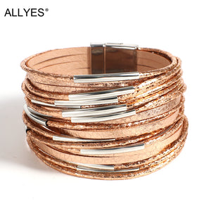 Metal Pipe Charm Leather Bracelet for Women Wrap Bangle Jewelry