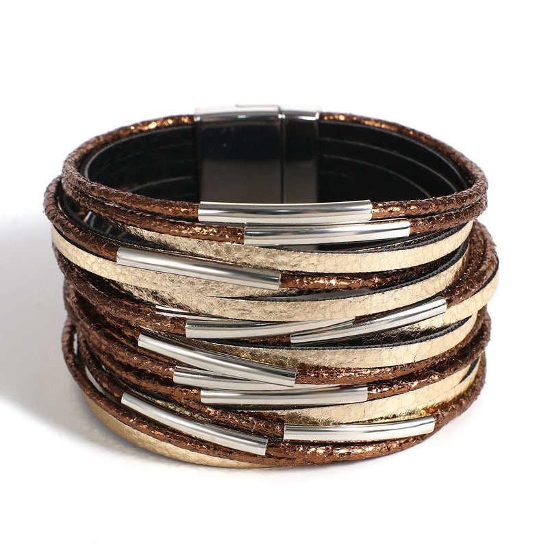 Metal Pipe Charm Leather Bracelet for Women Wrap Bangle Jewelry