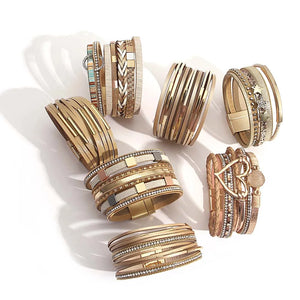 Khaki Leather Wrap Bracelet for Women Boho Magnet Clasp Crystal Chain