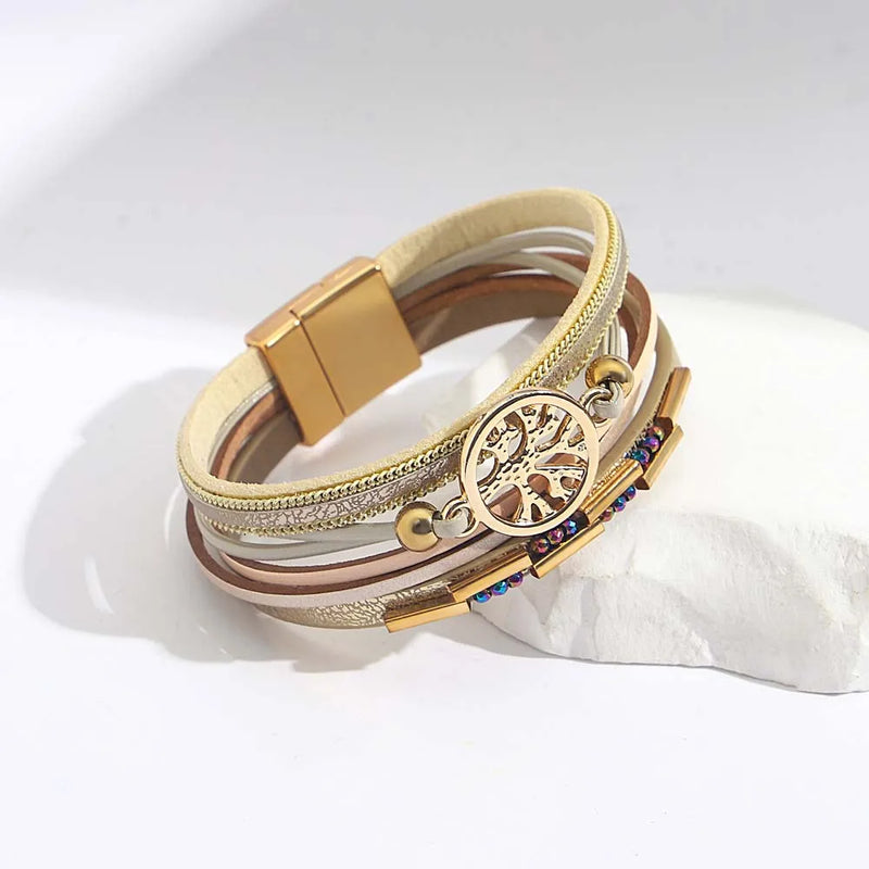 Khaki Leather Wrap Bracelet for Women Boho Magnet Clasp Crystal Chain