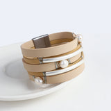 Boho Charm Multicolor Pearl Leather Bracelet Statement Jewelry