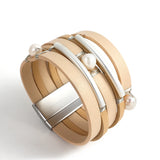 Boho Charm Multicolor Pearl Leather Bracelet Statement Jewelry